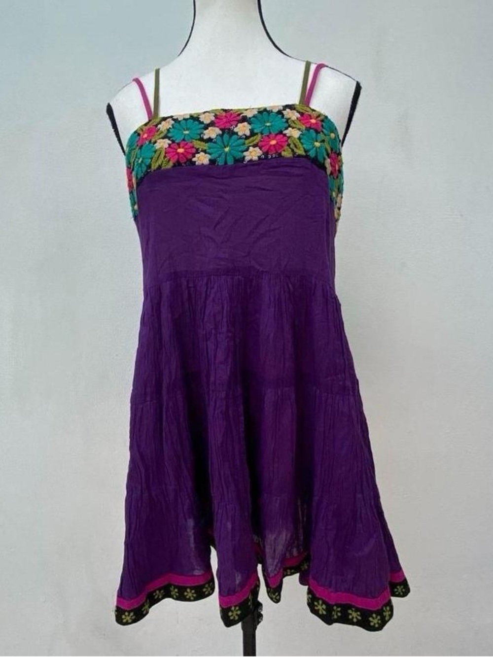 Boho Fairy Purple Multicolor Embroidered Floral Sequin Mini Dress Size Medium